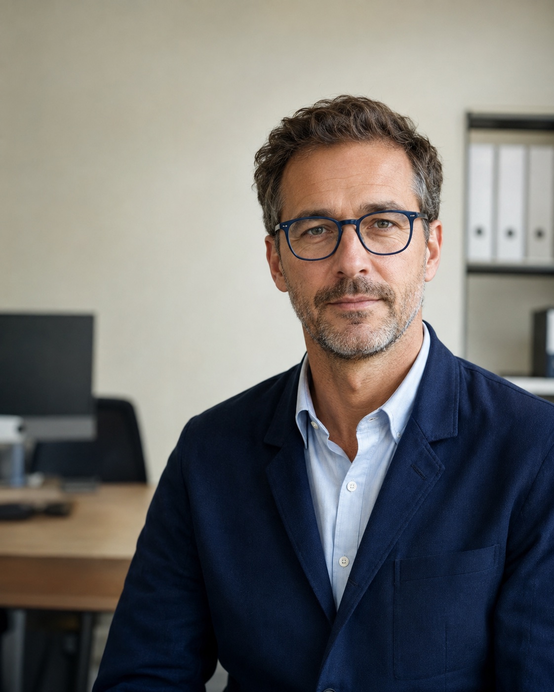 Illustrative portrait of a Pryvan contact wearing blue-framed glasses