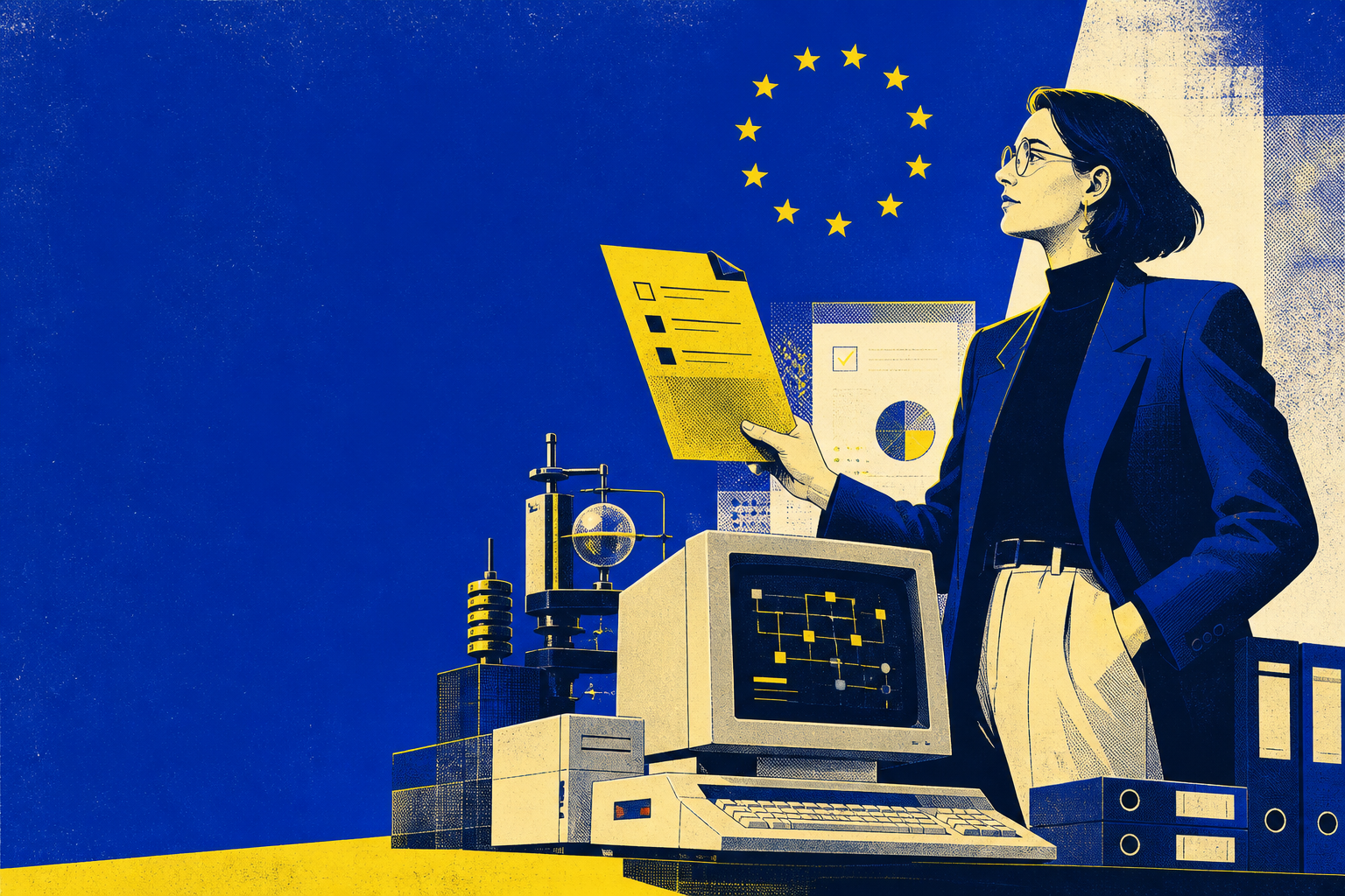 Retro-futuristic illustration of a professional holding AI documents beside a computer